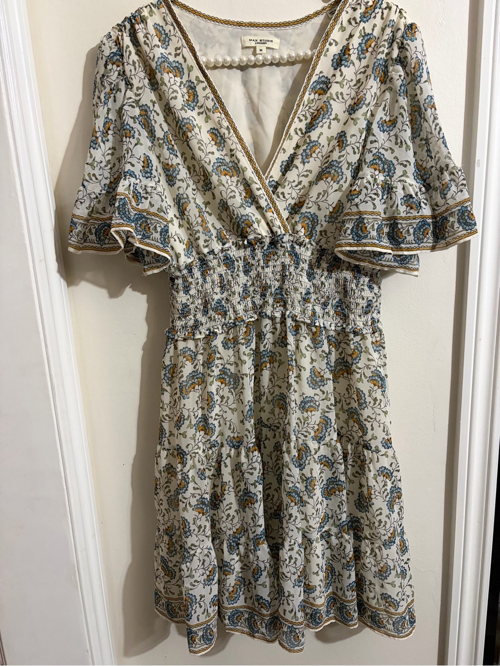 Max Studio Cream Floral Midi Dress with Blue and Mustard Accents